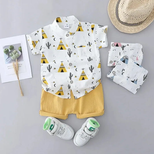 Summer Fun: 100% Cotton Triangle Print Shirt and Shorts Set for Kids