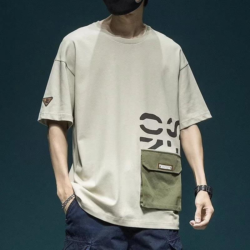 Y2K Streetwear: Men's Letter Printed Tee with Cargo Pocket