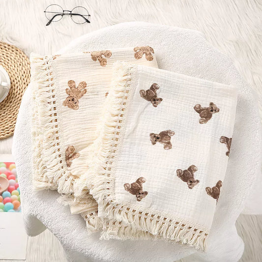Cute Bear Muslin Squares: Soft Cotton Baby Blanket for Newborns – Perfect Summer Swaddle