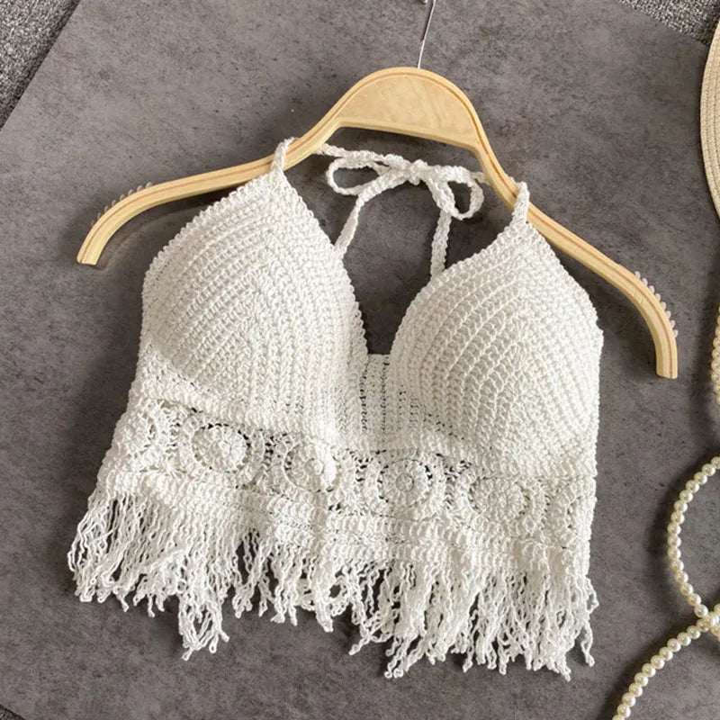 Boho Chic: Crochet Knit Halter Top with Tassels
