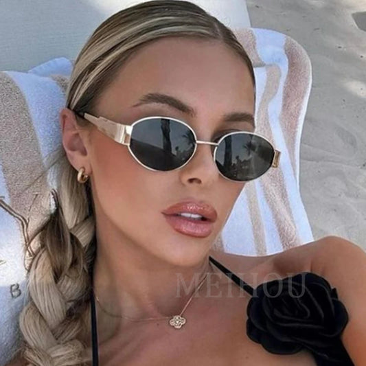 Trendy Oval Sunglasses: Luxury Designer Metal Frame for Women – Classic Vintage Round Shades